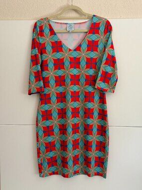 Tracy Negoshian Casual Geometric Print Red Blue Teal Jersey Mini Dress Size XXS